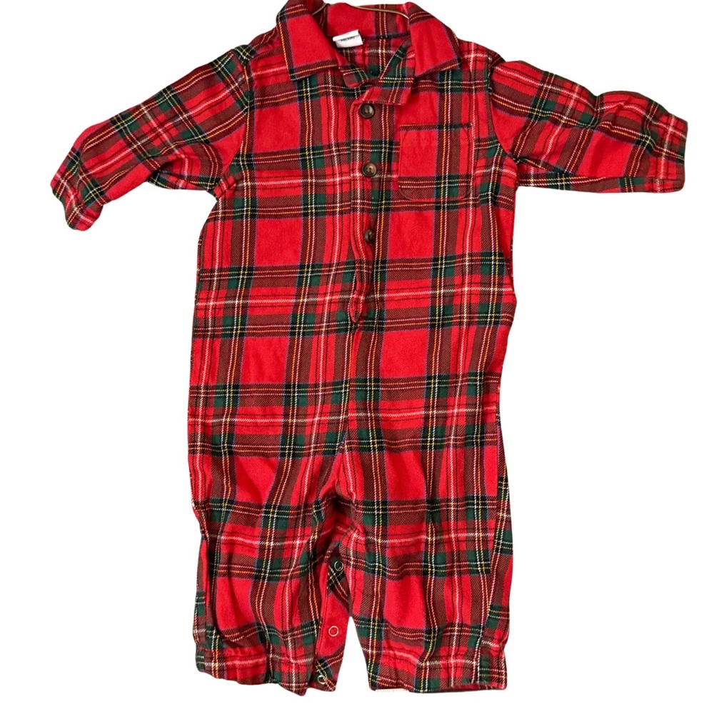 Old Navy Red Plaid Kids One Piece Flannel Holiday Outfit Size 3/6 Months